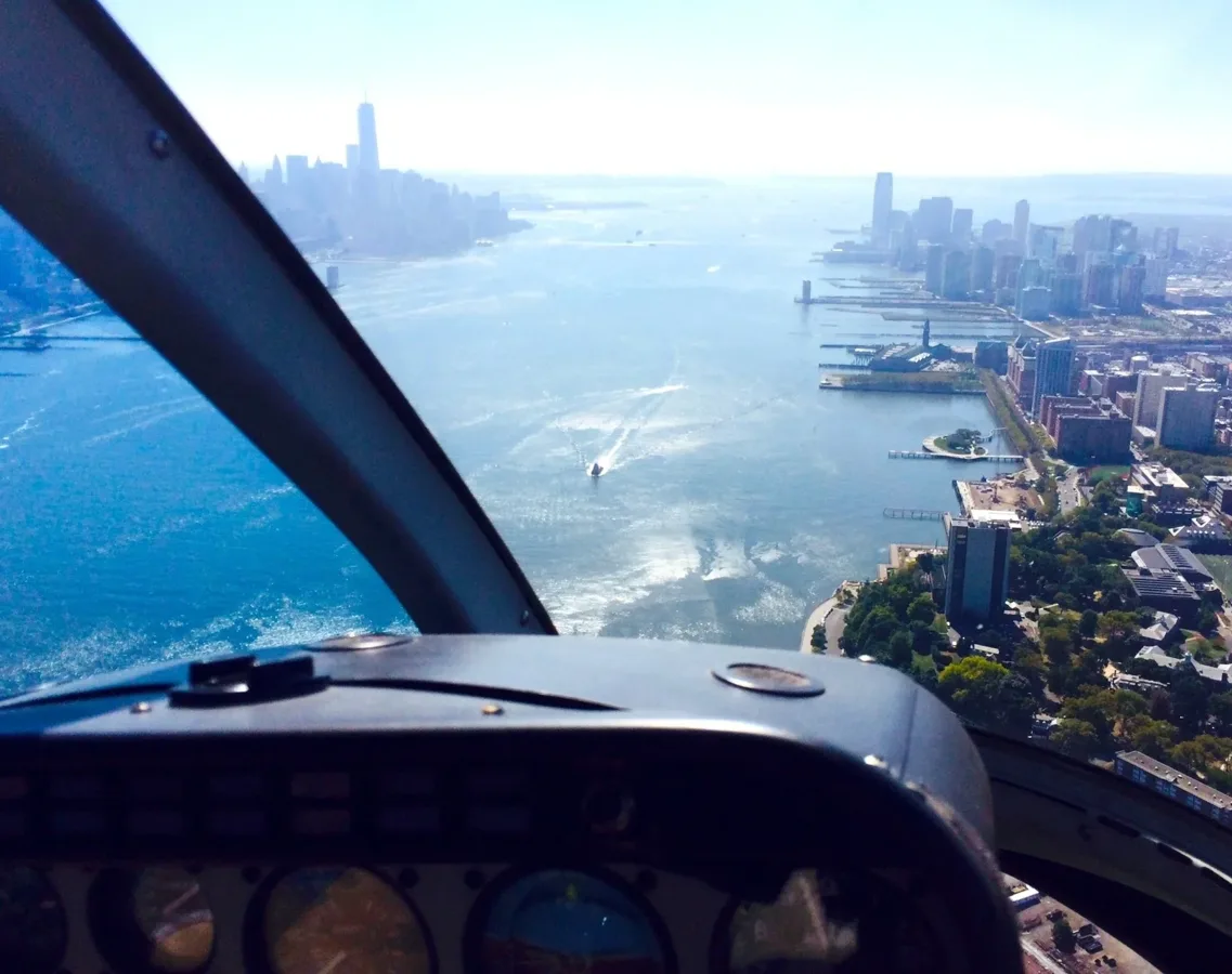 Hudson River and Manhattan viewed through the helicopter cockpit